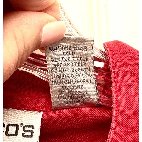 Chicos Red Linen Tunic Fish Design Mandarin Collar Button Up Size 1 or Women’s M - Picture 6 of 7